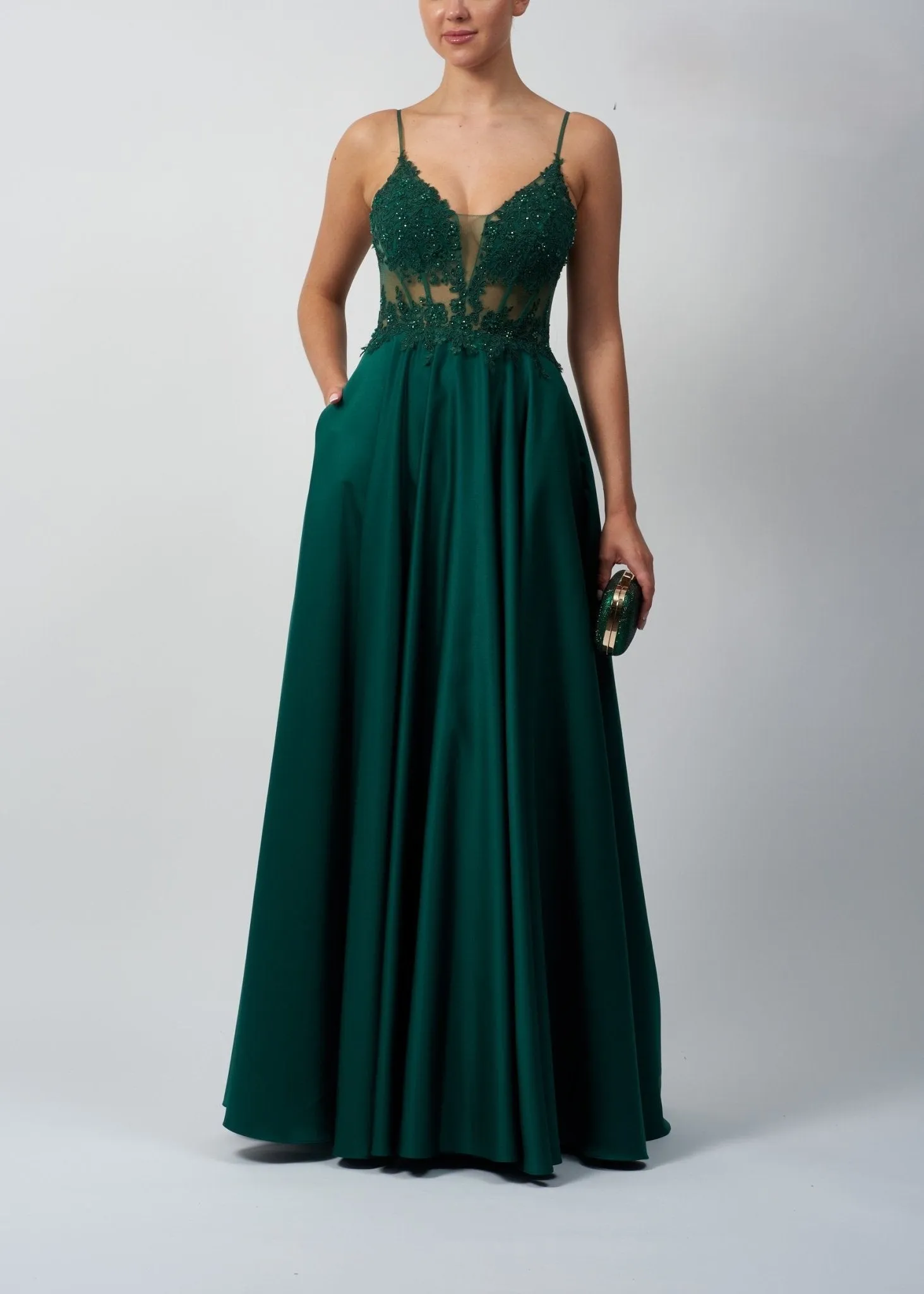 Mascara MC123216 Forest Green Satin Ballgown with Corset Detail sold by Cargo