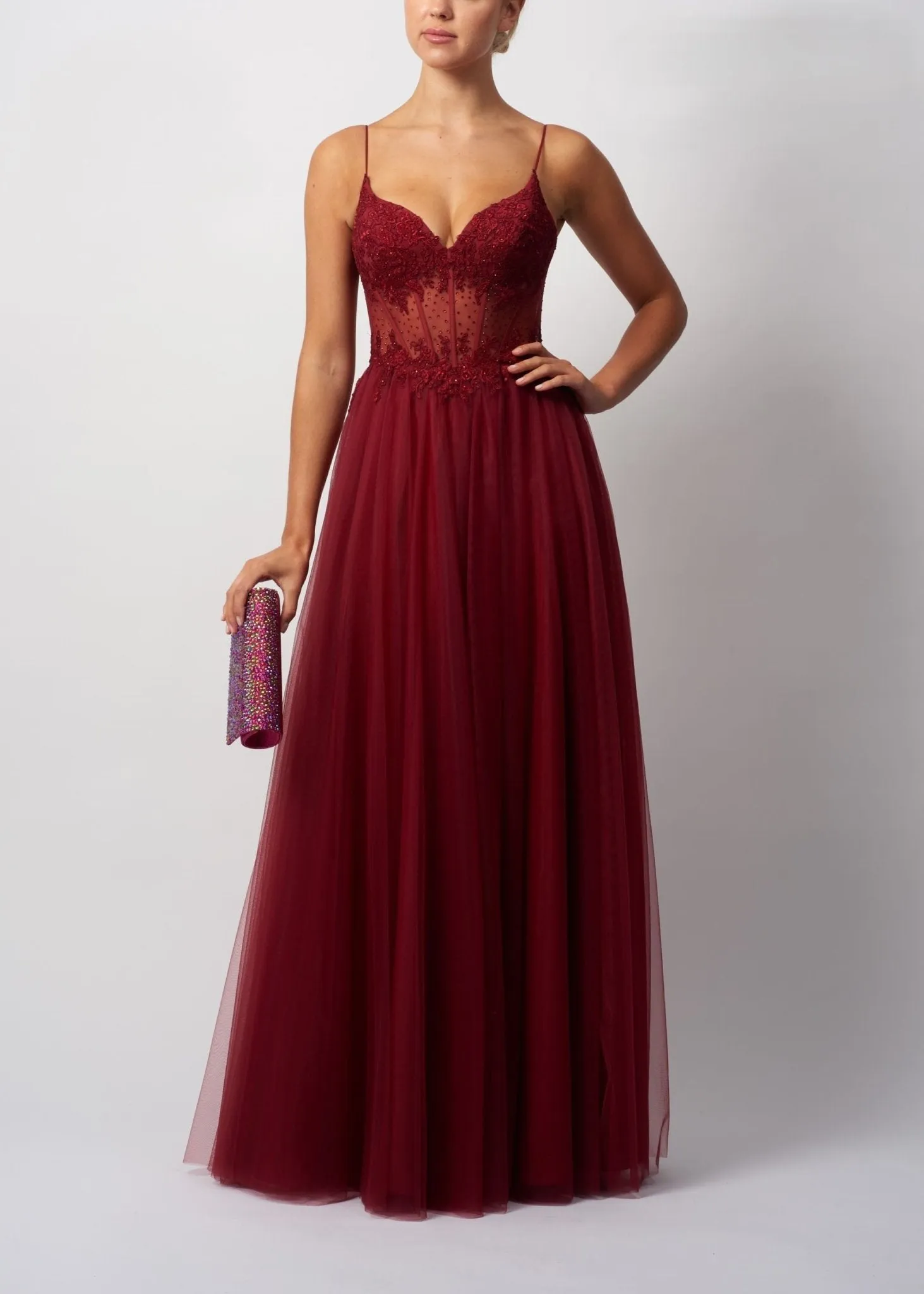 Mascara London MC18441 Wine Tulle Prom Ballgown sold by Cargo