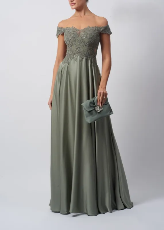 Mascara London MC192063 Khaki Bardot Embellished Satin Gown sold by Cargo