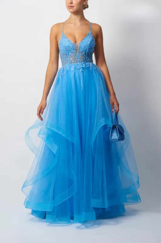 Mascara MC11341 Petrol Blue Tiered Tulle Dress with Embroidered Corset sold by Cargo