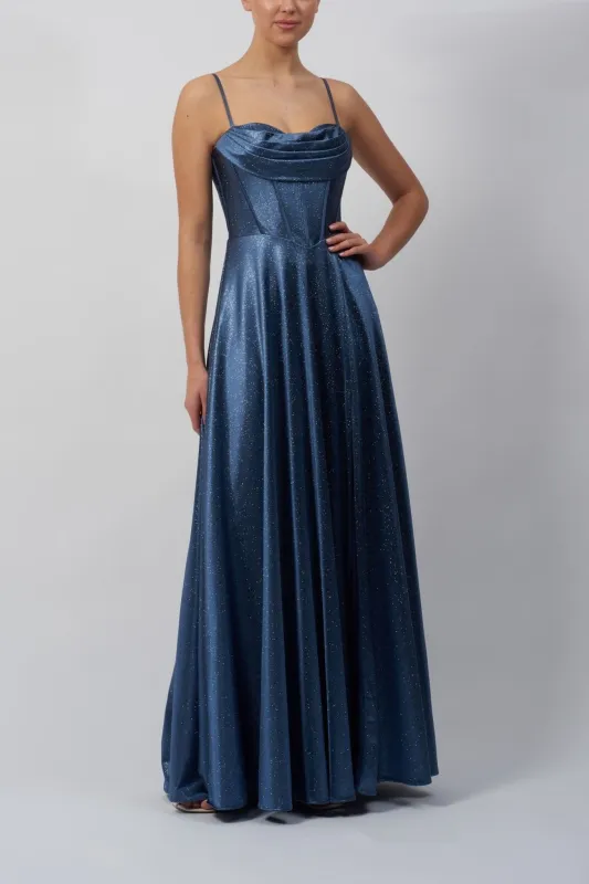 Mascara London Storm Blue MC12338 Boned Drape Satin Ballgown sold by Cargo