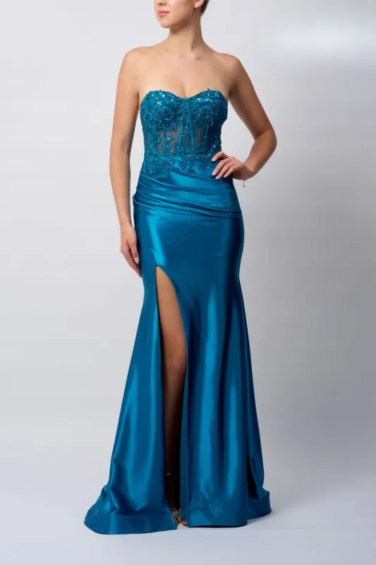Mascara MC11421 Petrol Blue Beaded Embellished Prom Dress sold by Cargo