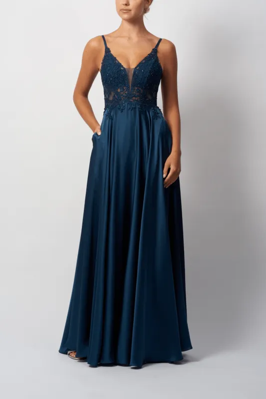 Mascara London MC12204 Airforce Blue Satin Dress sold by Cargo