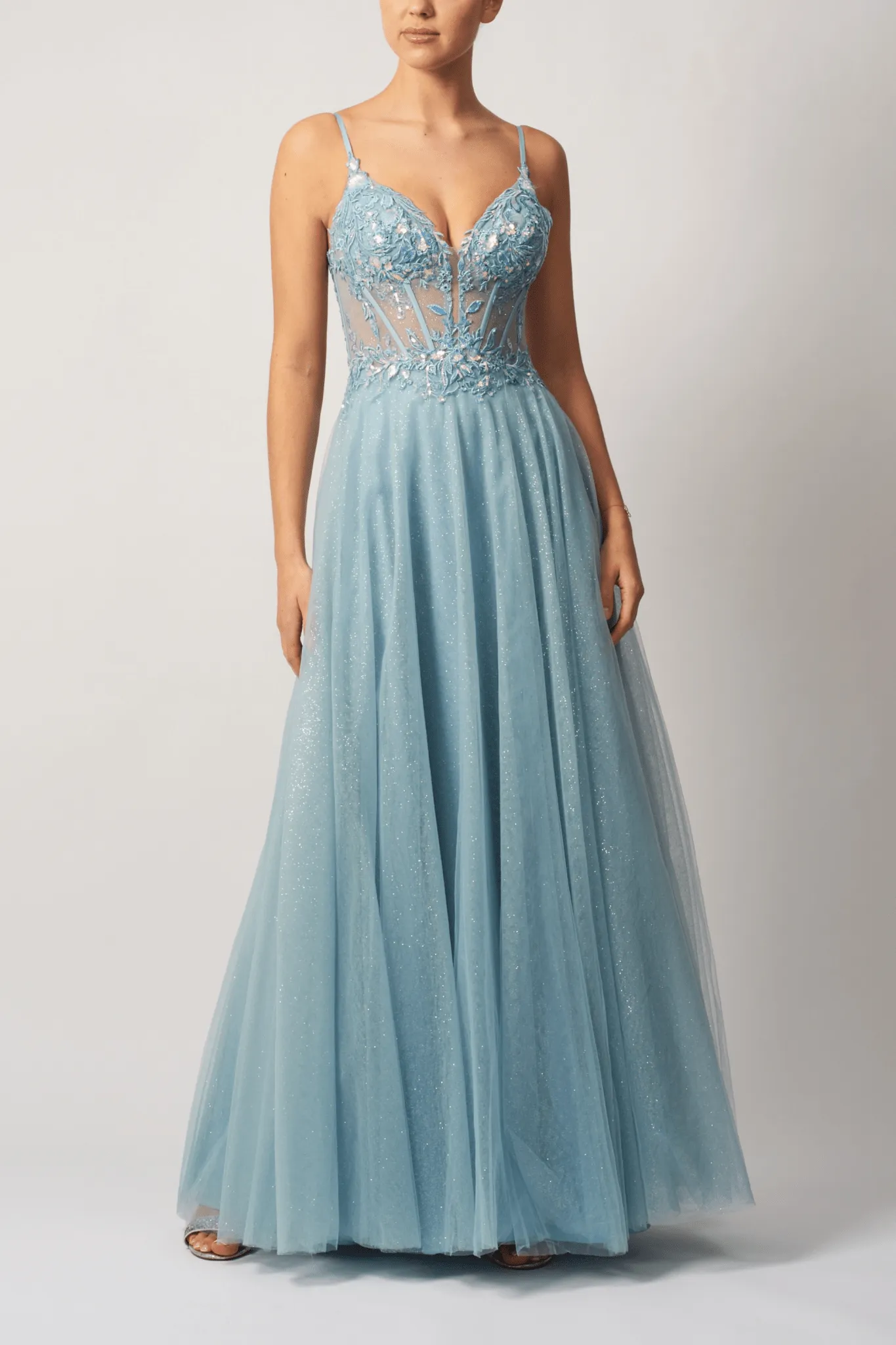 Mascara MC18334 Dusty Blue Glitter Tulle Prom Dress with Embellished Corset sold by Cargo