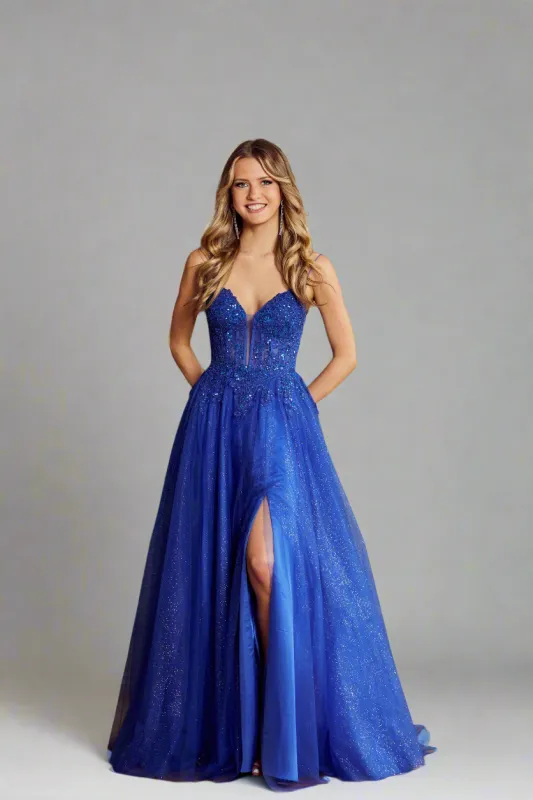 Jessica Stuart Nina Royal Blue Beaded Ball Gown with Side Slit | Prom Dress sold by Cargo