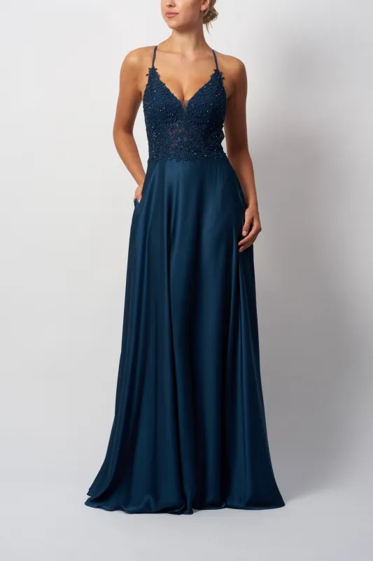 Airforce Blue Open Back Satin Prom Dress MC122027 sold by Cargo