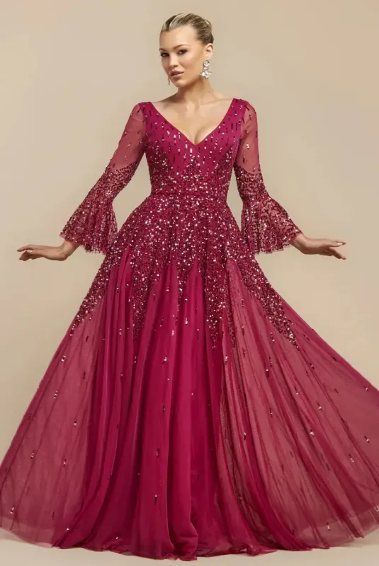 Goddiva Burgandy Sunray Sequin A-Line Bell Sleeve Gown sold by Cargo