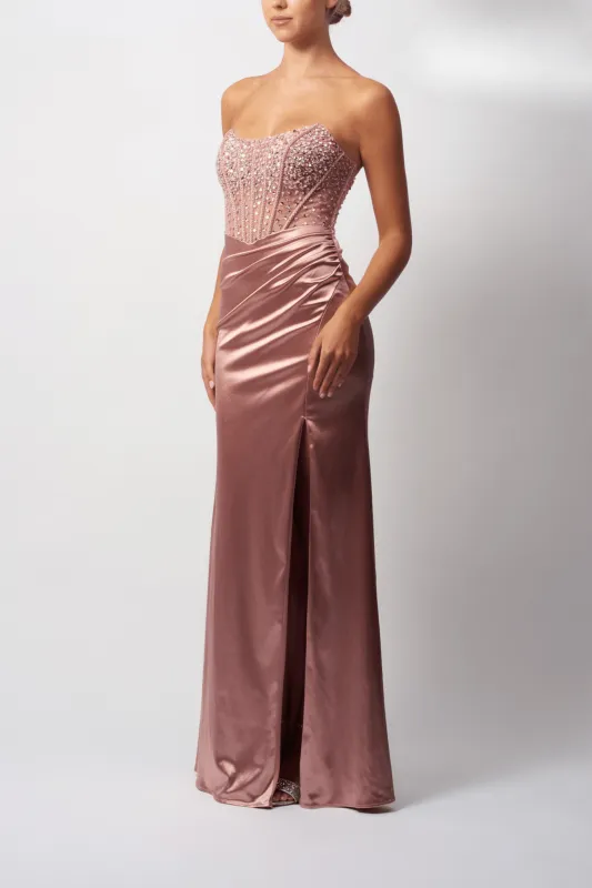 Mascara MC11433 Wine Strapless Boned Fitted Dress sold by Cargo