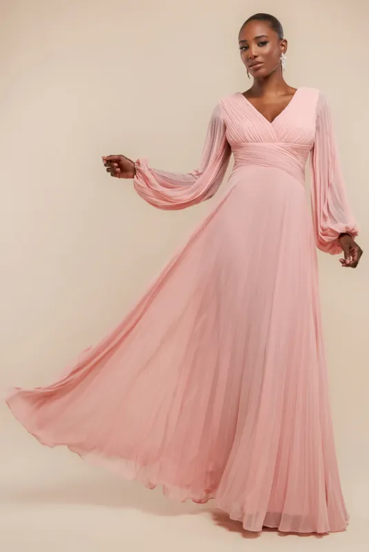Goddiva Balloon Sleeve Chiffon Maxi Dress in Blush Pink DR2041QZ sold by Cargo