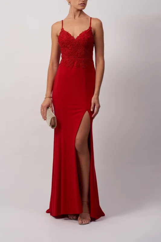 Red beaded bodice strap dress MC181460 sold by Cargo