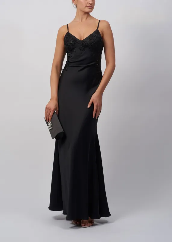 Black Satin Slip Embellished Long Gown MC192046 sold by Cargo