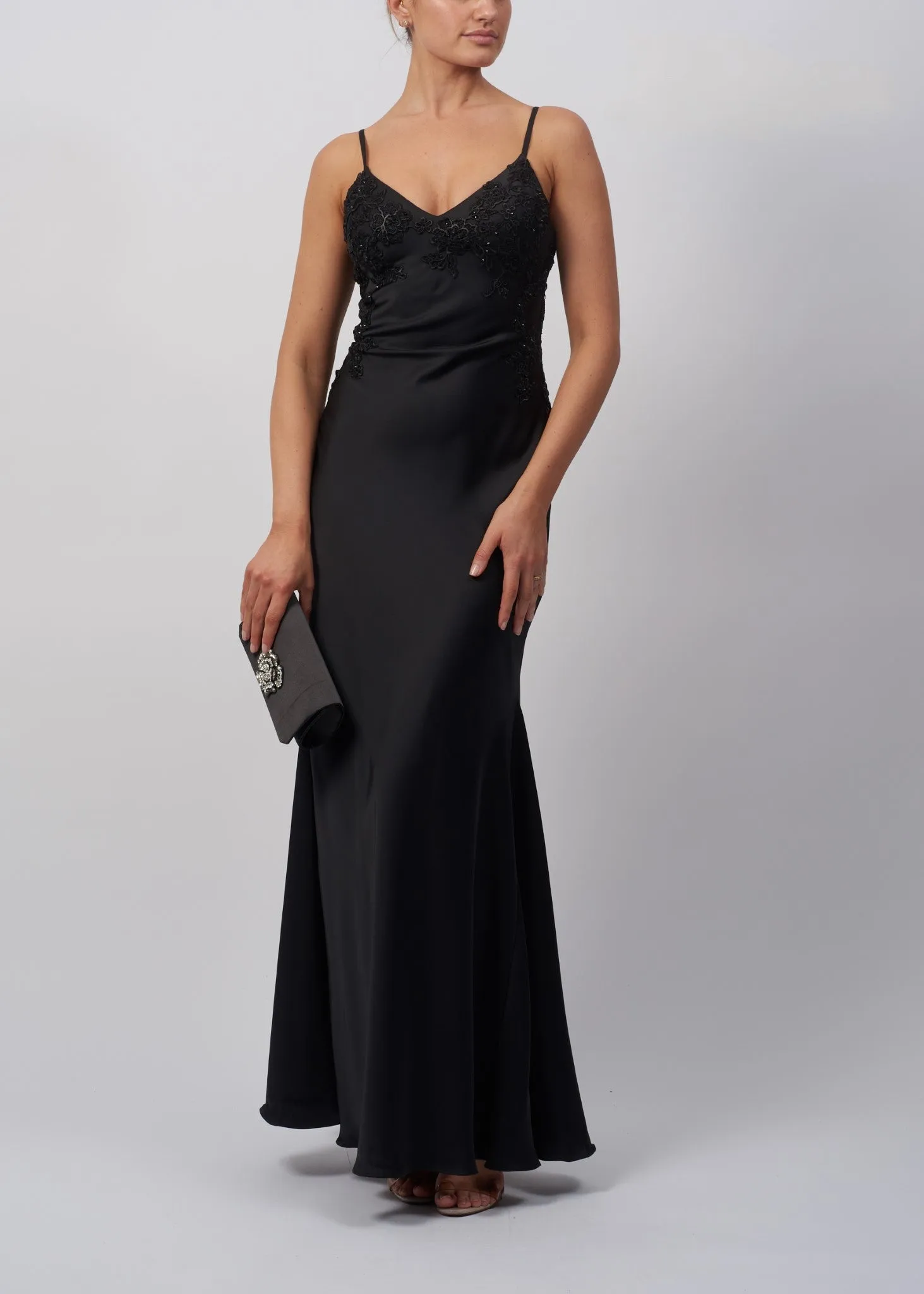 Black Satin Slip Embellished Long Gown MC192046 sold by Cargo