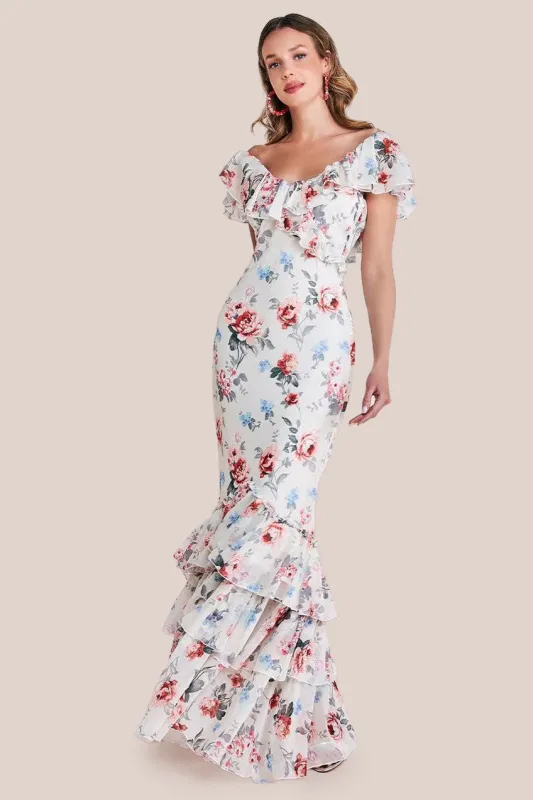 Goddiva Cream Floral Chiffon Ruffle Maxi Dress – Style DR3750 sold by Cargo