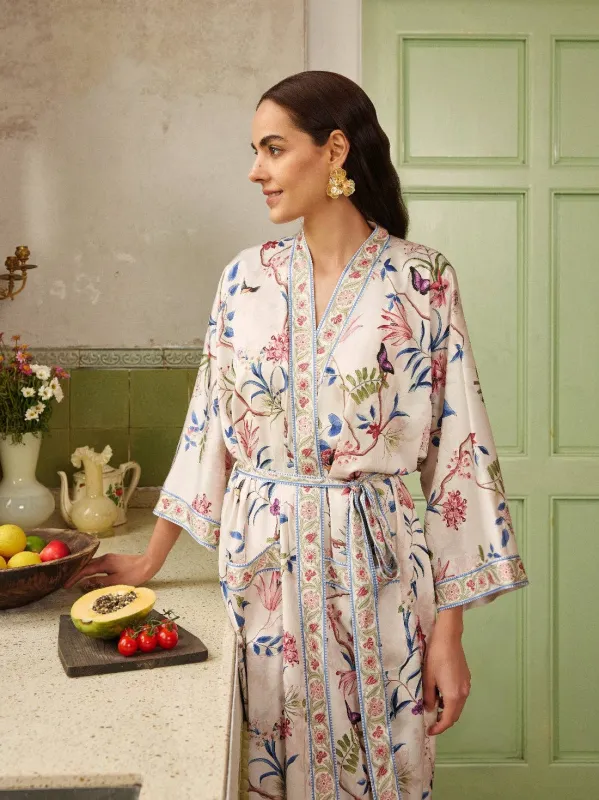 Beige Chinoiserie Floral Kimono Robe - Spa Wrap for Bridal: One Size Fits From S to XL sold by Cargo
