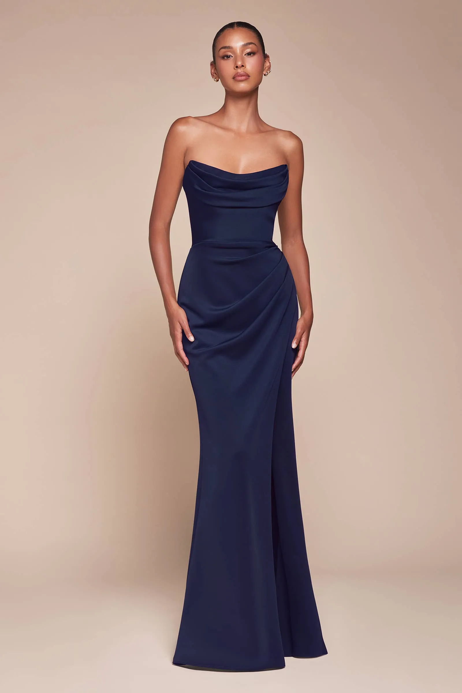 Ladivine CD366 Strapless Jersey Navy Gown sold by Cargo