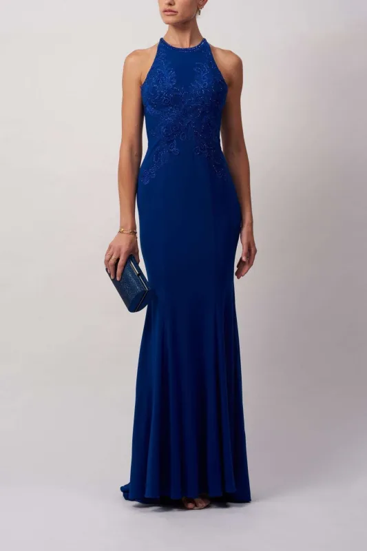 Royal Blue Lace high neck evening dress MC181486 sold by Cargo