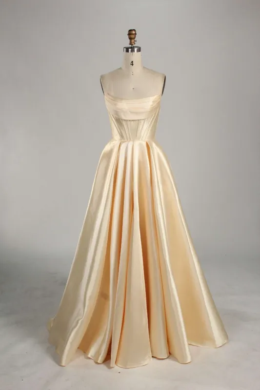 Jessica Stuart Carmen Light Yellow Satin Ball Gown with Pockets sold by Cargo