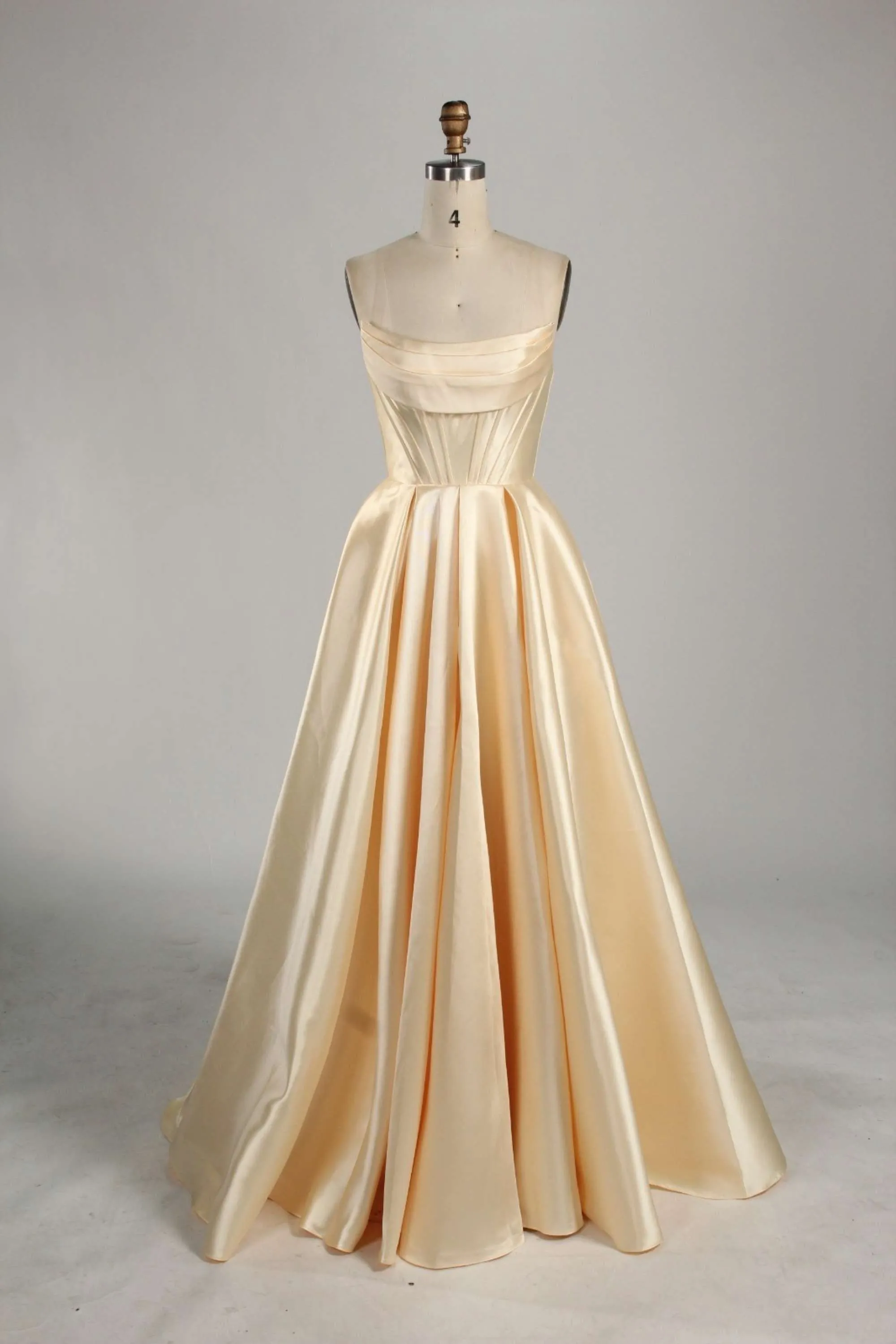 Jessica Stuart Carmen Light Yellow Satin Ball Gown with Pockets sold by Cargo
