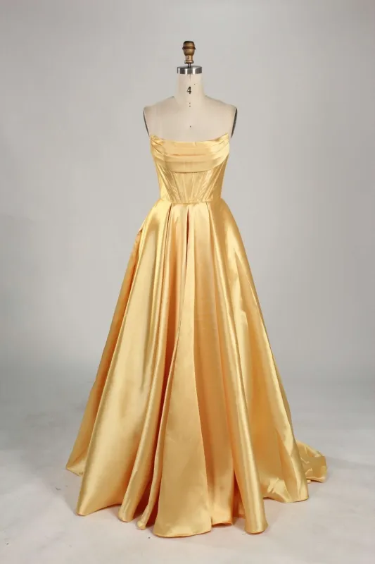 Jessica Stuart Carmen Gold Satin Ball Gown with Pockets sold by Cargo