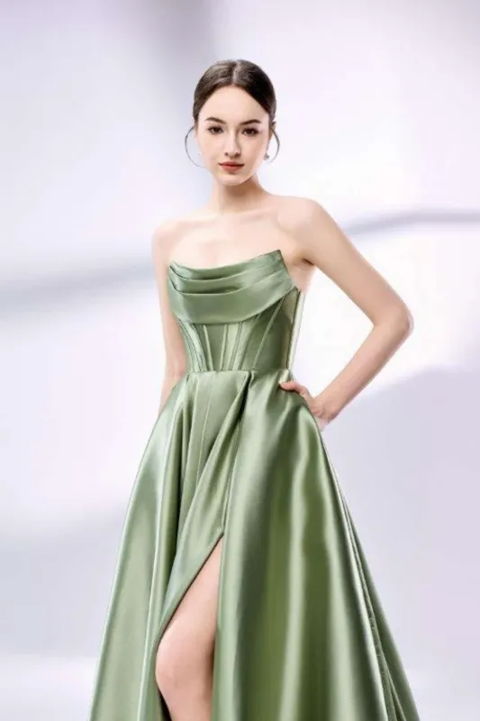 Jessica Stuart Carmen Sage Green Satin Ball Gown with Pockets sold by Cargo