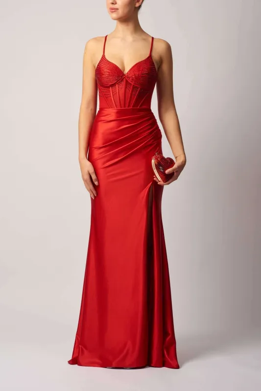 Elegant Red Satin Evening Dress by Mascara London sold by Cargo
