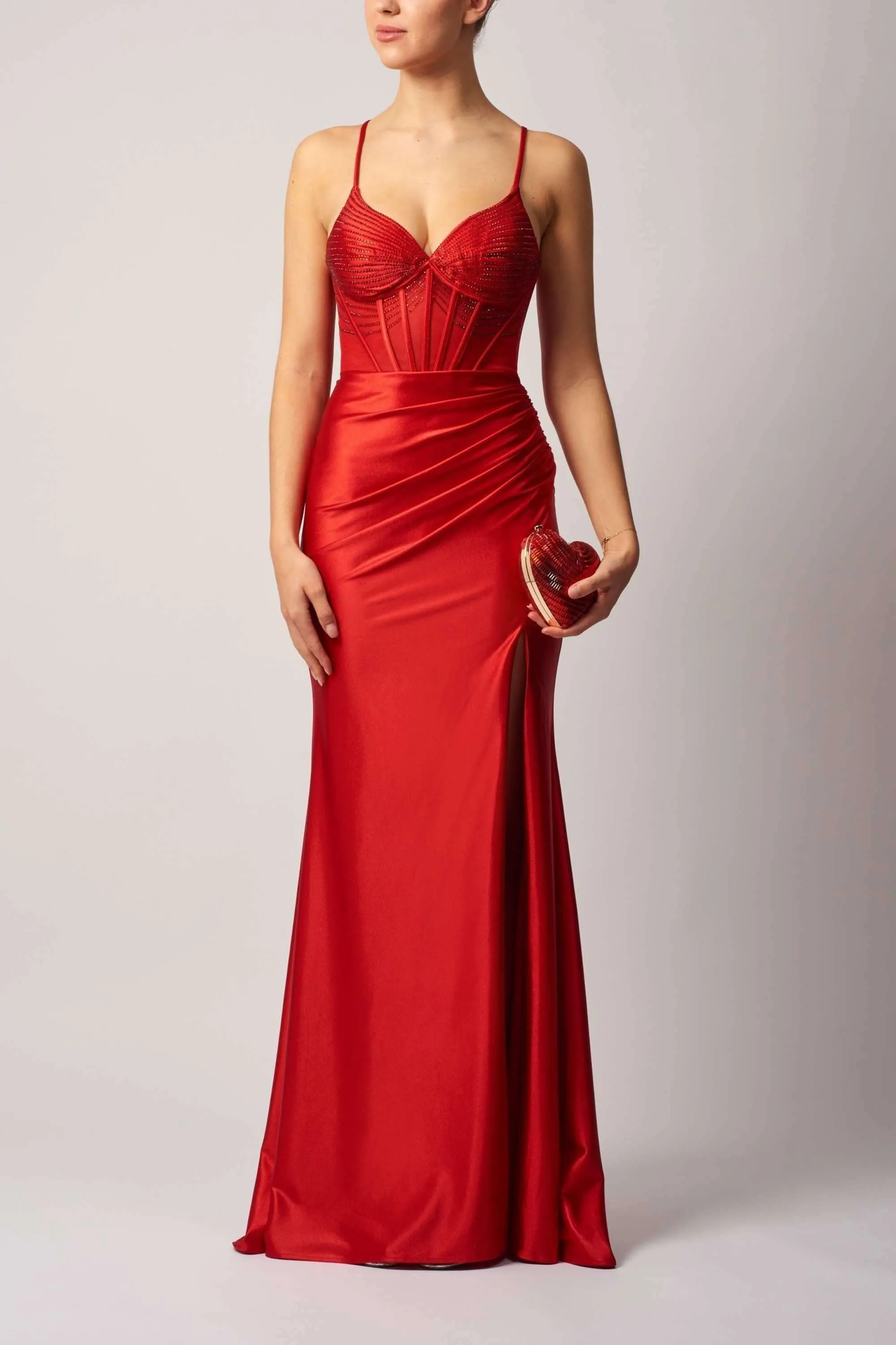 Elegant Red Satin Evening Dress by Mascara London sold by Cargo