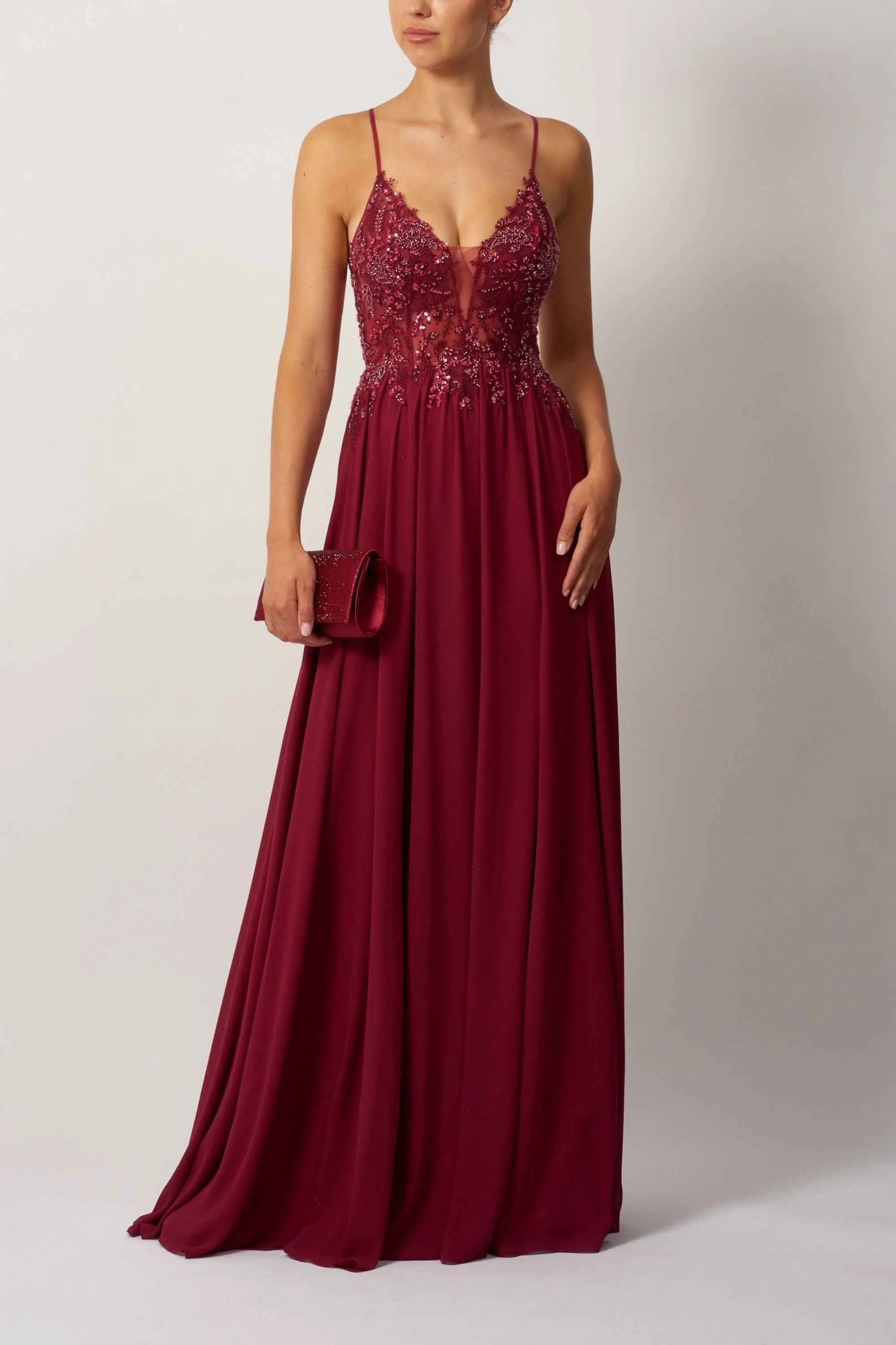 Mascara MC114414 Berry Tie Back Chiffon Prom Dress sold by Cargo