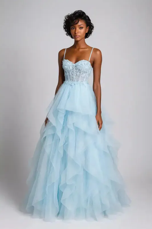 Jessica Stuart Sacha Sky Blue Ruffle Prom Dress sold by Cargo