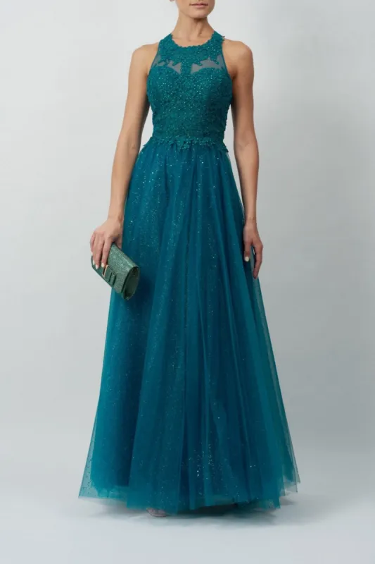 Petrol Embellished sparkling tulle gown MC120134 sold by Cargo