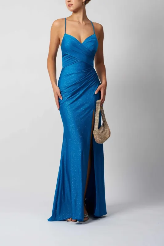 Petrol Blue Lace-Up Evening Gown: Mascara MC112311 sold by Cargo