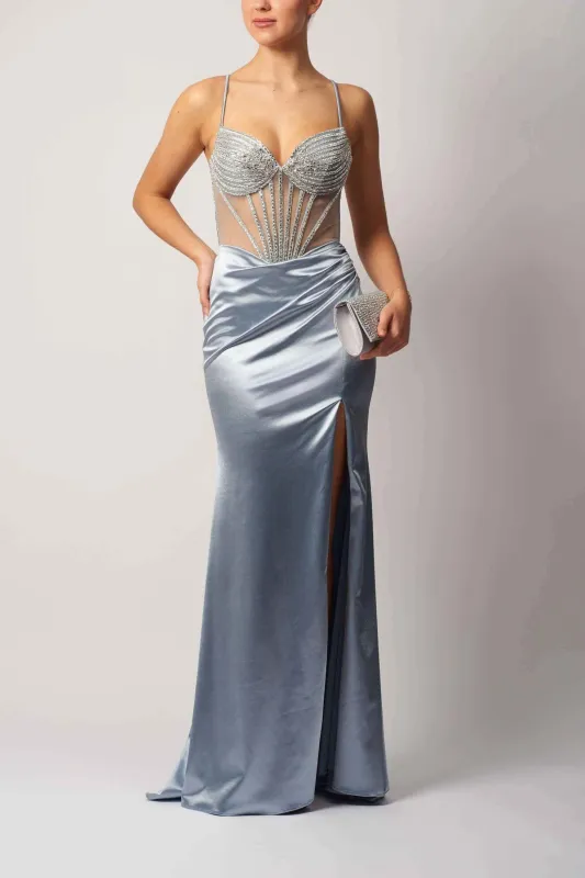Mascara MC11441 Fitted Satin Steele Blue Gown sold by Cargo
