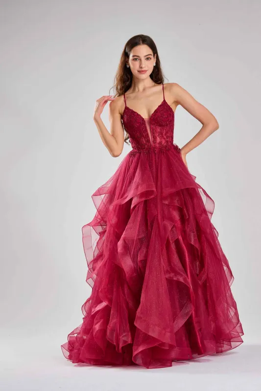 Jessica Stuart Dolly Ruffle Wine Tulle Ball Gown sold by Cargo