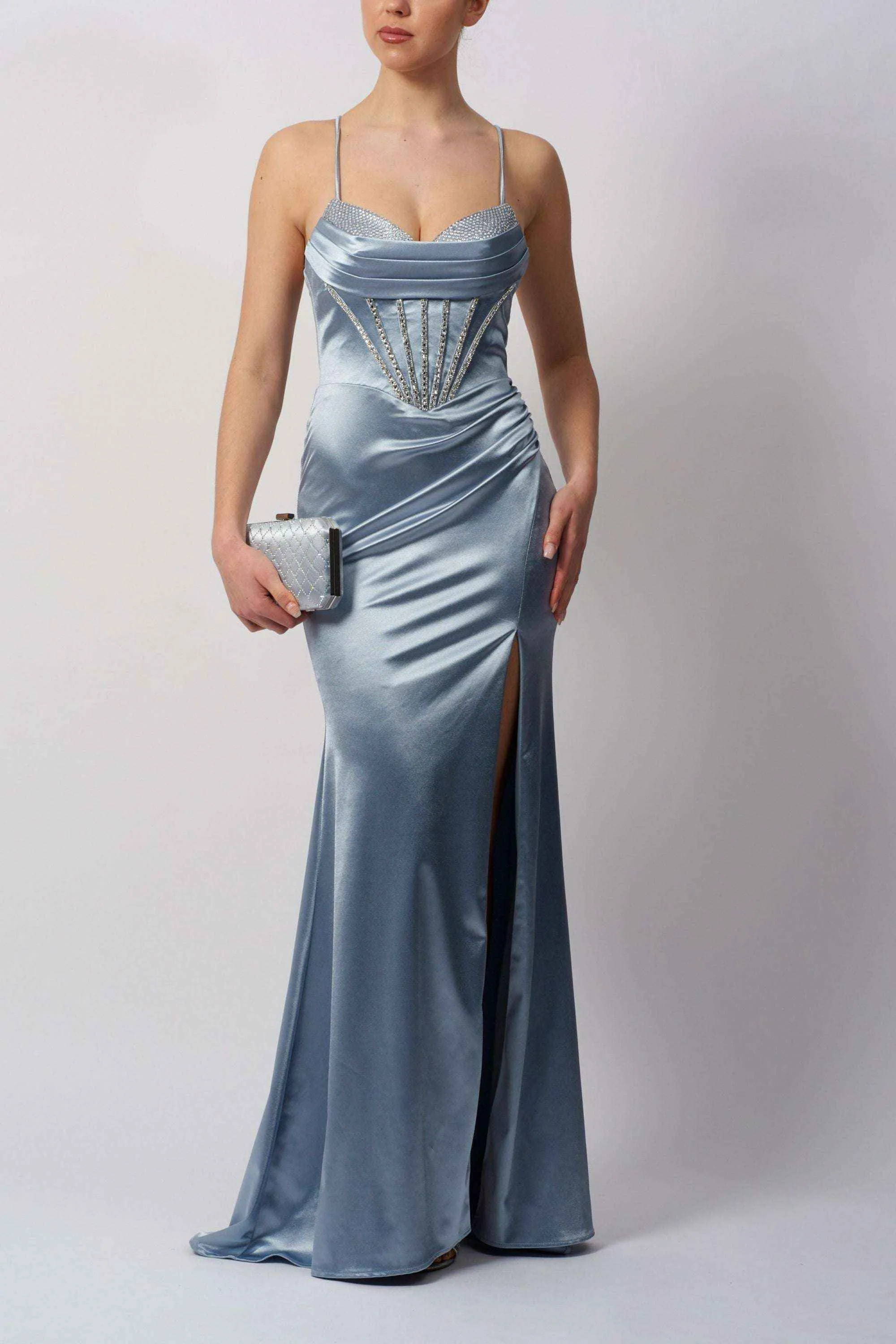 Mascara MC11442 Steele Blue Shiny Jersey Gown sold by Cargo