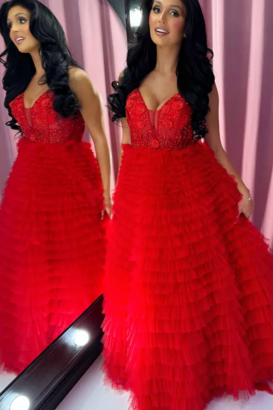 To the Nines TNP246 Red Tiered Netted Prom Dress sold by Cargo