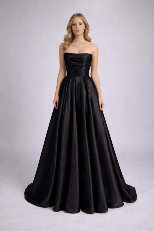 Carmen Black Satin Ball Gown with Pockets sold by Cargo