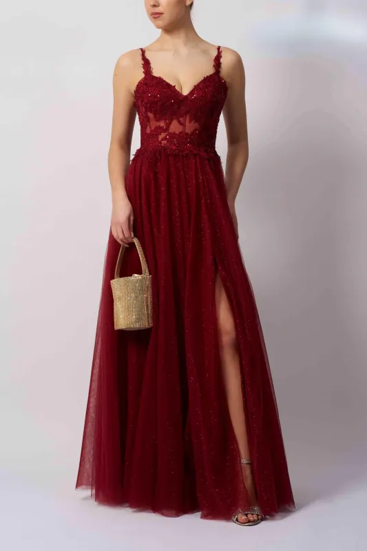 Mascara MC12349 Wine Tulle Prom Dress made by Cargo