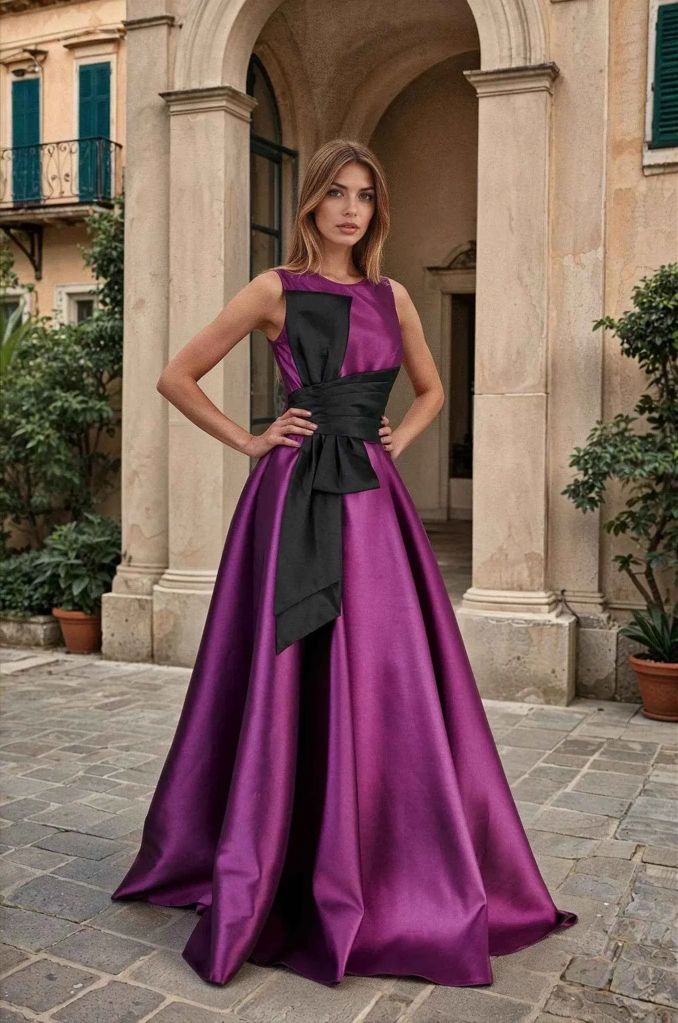 Long Formal Ball Gown with Statement Bow: Eggplant sold by Cargo