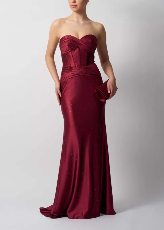Strapless Wine Satin Prom Dress - Mascara London MC11516 made by Cargo