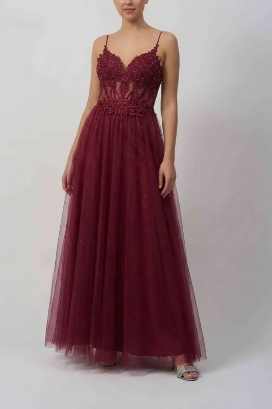 Mascara MC1825042 Wine Cross Belt Tulle Gown made by Cargo