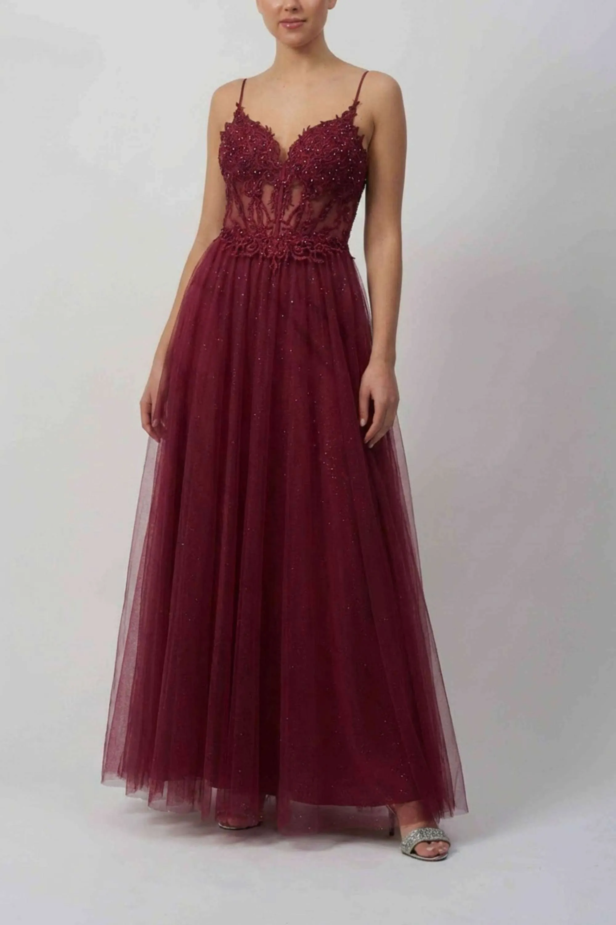 Mascara MC1825042 Wine Cross Belt Tulle Gown sold by Cargo