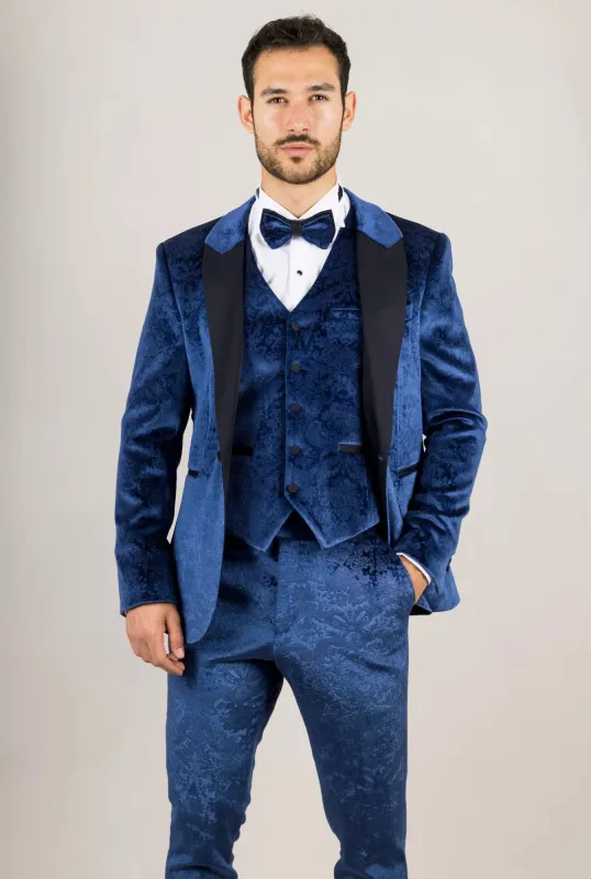 AK-27 - Men's Blue 3 Piece Velvet Wedding Tuxedo Suit made by Tru Clothing