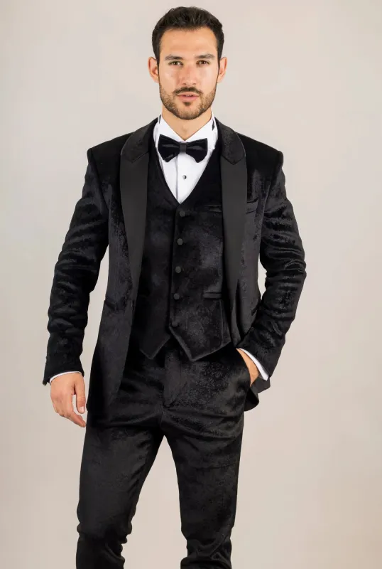 AK-26 - Men's Black 3 Piece Velvet Wedding Tuxedo Suit made by Tru Clothing