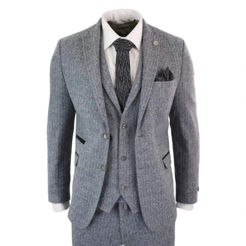 STZ11 - Men's Light Grey 3 Piece Tweed Suit Herringbone Wool made by Tru Clothing
