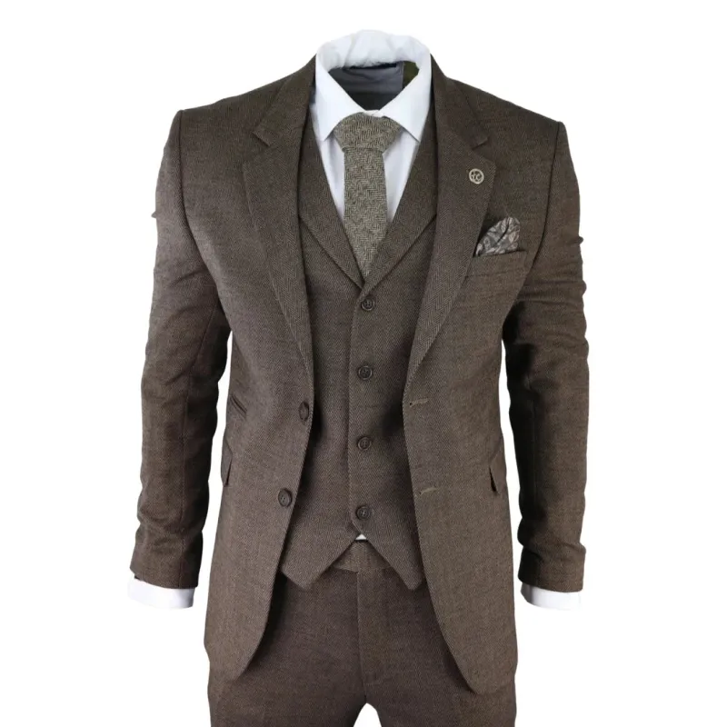 AK-06 - Men's Herringbone Tweed Brown 3 Piece Suit Wedding Blinders made by Tru Clothing