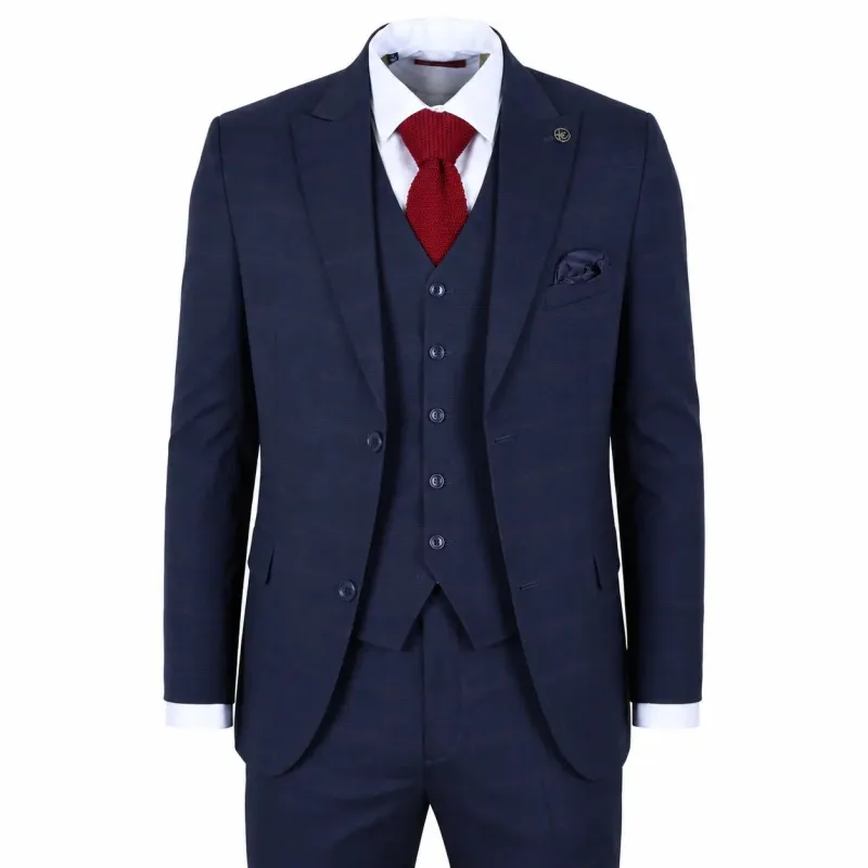 IM54 - Men's Navy Blue Check Tailored Fit 3 Piece Suit made by Tru Clothing