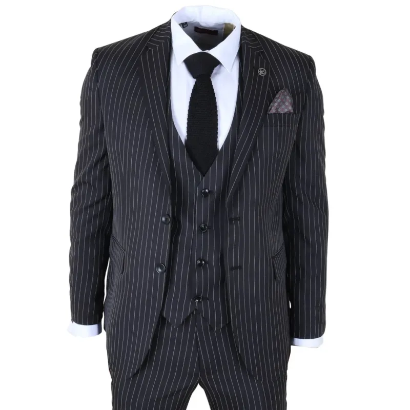 IM45 - Men's Classic Pinstripe 3 Piece Black Suit made by Tru Clothing