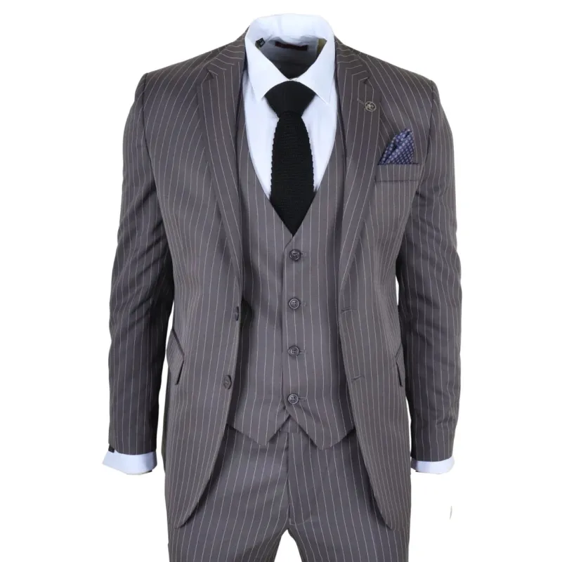 IM44 - Men's Classic Pinstripe 3 Piece Grey Suit made by Tru Clothing