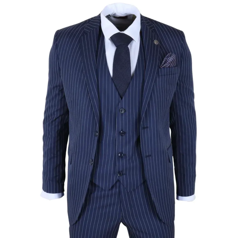 IM43 - Men's Classic Pinstripe 3 Piece Navy Blue Suit made by Tru Clothing