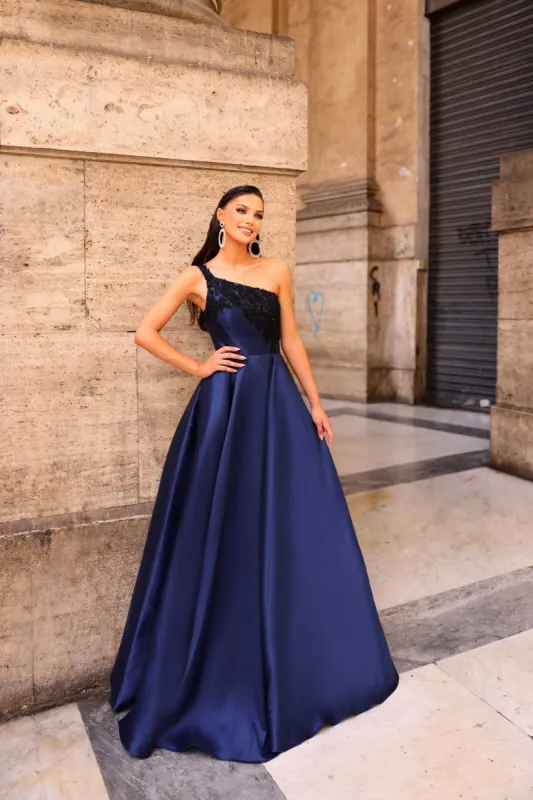 Navy One Shoulder Embroidered Ballgown NC1052 by Nicoletta sold by Cargo