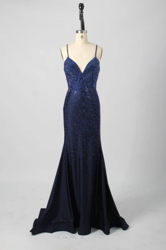 Poppy Navy Rhinestone Long Prom Dress sold by Cargo